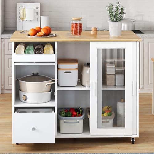 Ligterra 112×69×91cm, klappbarer Kücheninselwagen, Eichenholzfurnier, Schubladen, großer Kücheninselwagen mit Schiebetüren aus gehärtetem Glas und verstellbaren Einlegeböden(Weiß) von Ligterra