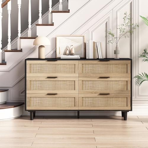 130CM 6-Drawers Rattan Storage Cabinet Drawer, for Bedroom, Living Room, Schubladen Storage Cabinet Rattan Schublade, für Schlafzimmer, Wohnzimmer (Schwarz) von Ligterra