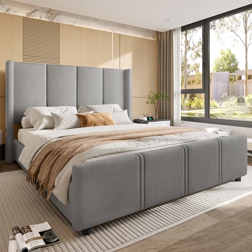 Ligterra 140 x 200 cm Stilvoller, Moderner Polsterbettrahmen, Hohes Kopf- und Fußteil, Zertifizierter USB-Anschluss, Kombination aus Eisenrahmen und Holzplatte, Stabil und langlebig, Grau von Ligterra