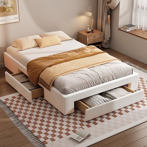 Ligterra 140x200cmPlatform Bed Frame with 3 Storage Drawers - Beige, Modern Design, No Headboard Beige von Ligterra