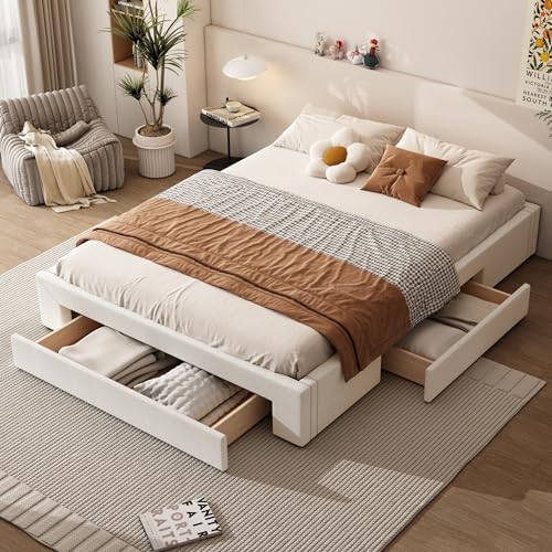 Ligterra Doppelbett 160x200cmPlatform Bed Frame with 3 Storage Drawers - Beige, Modern Design, No Headboard Beige von Ligterra