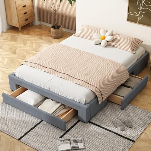 Ligterra Doppelbett 160 x 200 cm Plattform-Bettgestell mit 3 Schubladen – Beige, modernes Design, ohne Kopfteil, grau von Ligterra