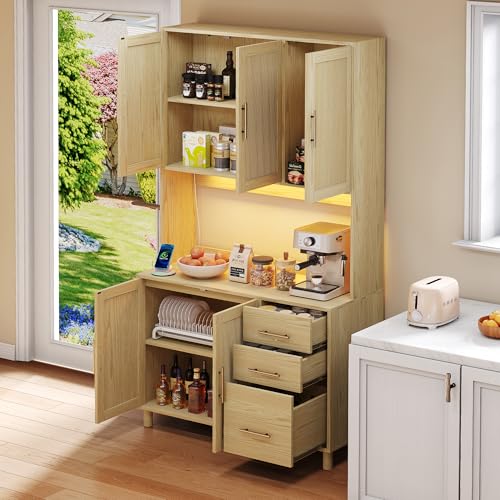 Ligterra 183cm Küchenschrank, Küchenbuffet, Vitrinenschrank, 2 x USB, 2 x Steckdosen, Verstellbare Einlegeböden, 3 Schubladen, Goldene Metallgriffe für Küchen und Esszimmer, Holzfarbe Ligterra 183cm Küchenschrank, Küchenbuffet, Vitrinenschrank, 2 x USB, 2 x Steckdosen, Verstellbare Einlegeböden, 3 Schubladen, Goldene Metallgriffe für Küchen und Esszimmer, Holzfarbe von Ligterra