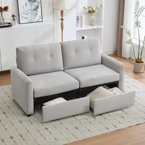Sofa mit Schlaffunktion, Sofa 2 Sitzer mit Schubladen Stauraum Funktion, Gestrickte Struktur, Geeignet für Wohnzimmer und Schlafzimmer, 184 * 83 * 92cm (Hellgrau) von Ligterra