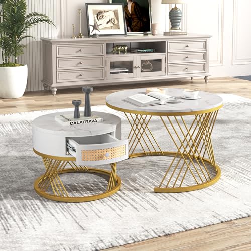Ligterra 2 in 1 Runder Couchtisch aus MDF, Beistelltisch mit Tischplatte aus Marmor und Schubladen aus Kunststoff-Rattan, Griffe aus Massivholz. goldene Eisenfüße. 70 * 70 * 45,5+50 * 50 * 38,5cm von Ligterra