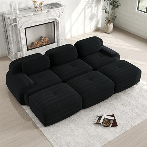 Ligterra 3-Sitzer Sofa，Sofa mit schlaffunktion 3 Hockern aus Premium Haustierfreundlich Ultra-breite Armlehnen 32D Polsterung Für Wohnzimmer & Heimkino Black von Ligterra