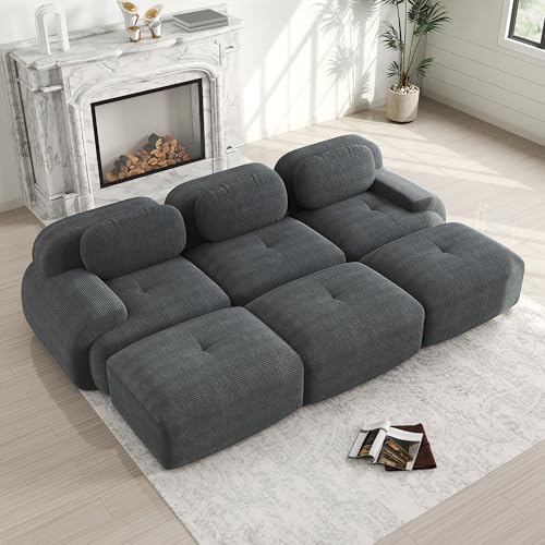 Ligterra 3-Sitzer Sofa，Sofa mit schlaffunktion 3 Hockern aus Premium Haustierfreundlich Ultra-breite Armlehnen 32D Polsterung Für Wohnzimmer & Heimkino Gray von Ligterra