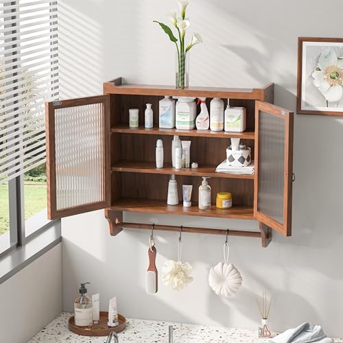 63CM Glass Door Vintage Double Door Wall Cabinet with Three Tiers of Storage with Towel Rack,for Bathroom, Kitchen,Dining Room,Original Wood Color von Ligterra
