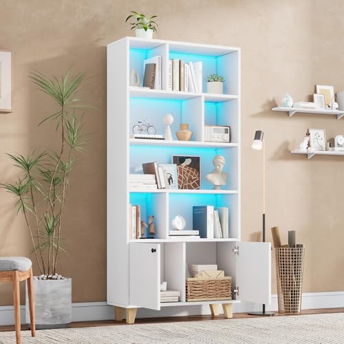 Ligterra 80x30x174cmBücherregal, Beine aus Massivholz, mehrere Ablagefächer, Doppeltüren, LED-Farbwechsel-Ambientelicht, Fernbedienung, einfache Form, weiß von Ligterra