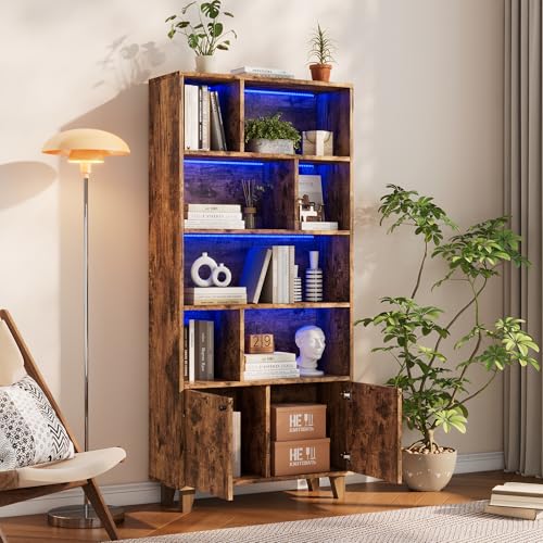 Ligterra 80x30x175cmBücherregal, Beine aus Massivholz, mehrere Ablagefächer, Doppeltüren, LED-Farbwechsel-Ambientelicht, Fernbedienung, einfache Form, Braun von Ligterra
