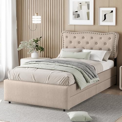 Ligterra bettgestell 90 x 200 ，Single Bed gepolstertem Kopfteil & 2 Schubladen - Flaches Polsterbett mit dekorativen Nieten, Dunkelbeige (Schlafzimmermöbel) von Ligterra