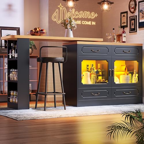 Ligterra Ausziehbarer Bartisch, Bartisch mit Stauraum, Hochtisch Kücheninsel, 360° Drehbare Essbar, 4 Schubladen, Snack-Regal, mit LED, für Wohnzimmer, Esszimmer, 135-203 * 39 * 92.9cm (Schwarz) von Ligterra