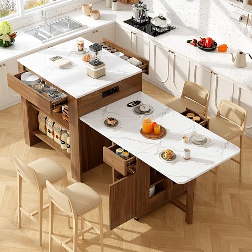 Ligterra Ausziehbarer Bartisch mit Stauraum(110-124×78×97.5cm), für 2-6 Personen, Kücheninseln mit 2 Schubladen, 2 Seitliche Offene Regale und Eingebaute Steckdose, Weiß von Ligterra