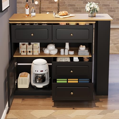 Ligterra Ausziehbarer Bartisch mit Stauraum(125-181×39×104.5cm), 360° drehbare Essbar,Moderner Beweglicher Bar Table, Sideboardschrank mit Regalen und Glas,Schwarz von Ligterra