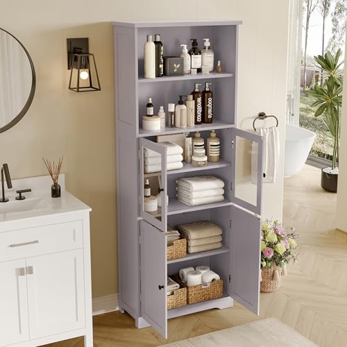Ligterra Badezimmer-Hochschrank mit Stauraum, feuchtigkeitsbeständige Farbe, Glasschranktür, Holzschranktür, verstellbare Trennwände, einfache Textur 57.5 x 28.5 x 160cm (Grau) von Ligterra