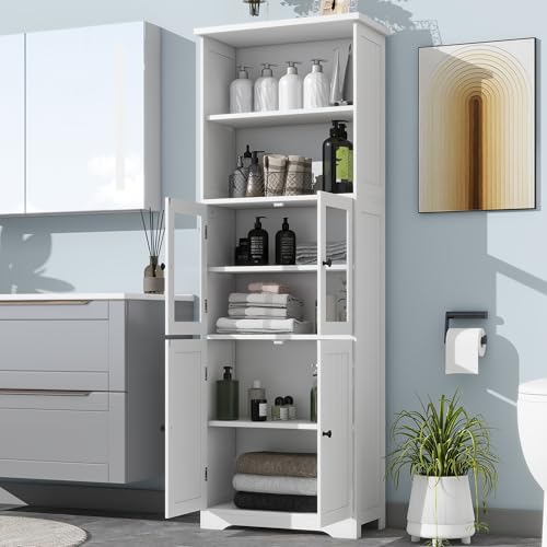 Ligterra Badezimmer-Hochschrank mit Stauraum, feuchtigkeitsbeständige Farbe, Glasschranktür, Holzschranktür, verstellbare Trennwände, einfache Textur 57.5 x 28.5 x 160cm (Weiß) von Ligterra
