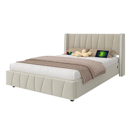 Ligterra Bed Frame 140x200,beds, Frames & Bases,Samtstoff, USB-Anschlüsse an den Seiten, Silikon-Lichtleisten-Design, Hydraulikeinheit, extra großer Stauraum im Sockel von Ligterra