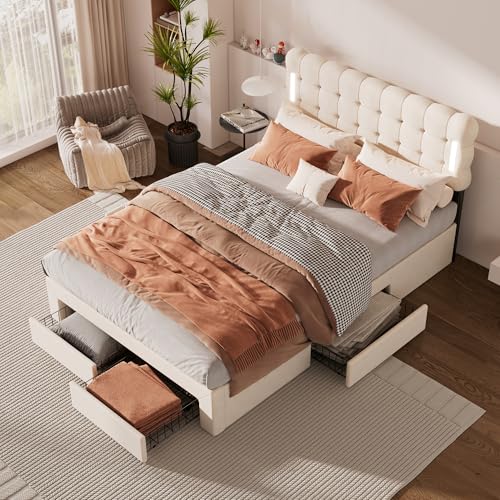 Ligterra Polsterbett Flachbett140x200 cm,Bett,mit Beleuchtung & 4 Schubladen – Gepolstertes Boxspringbett mit großem Stauraum, Fußende-Storage von Ligterra