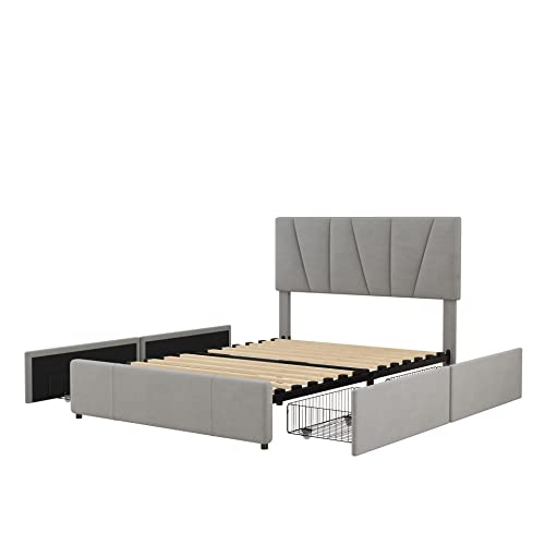 Ligterra Doppelbett 140x200 cm Polsterbett Plattform Bett, mit 4 Schubladen & verstellbarem Kopfteil - Kingsize Plattformbett, Grau (ohne Matratze) von Ligterra