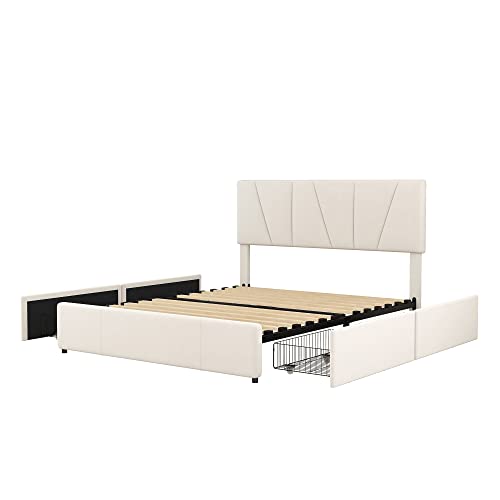 Ligterra Doppelbett 140x200 cm Polsterbett Plattform Bett, mit 4 Schubladen & verstellbarem Kopfteil - Kingsize Plattformbett, Grau (ohne Matratze) von Ligterra