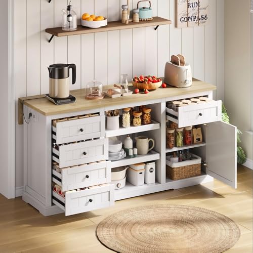 Ligterra Buffet‑Sideboard /Bar‑Schrank/Kücheninsel–5 Schubladen, 2 Ausziehböden–Klappbare Erweiterungsplatte & Integrierte Steckdosen für Küche, Esszimmer&Wohnzimmer 150×65×75 cm (Weiß) von Ligterra