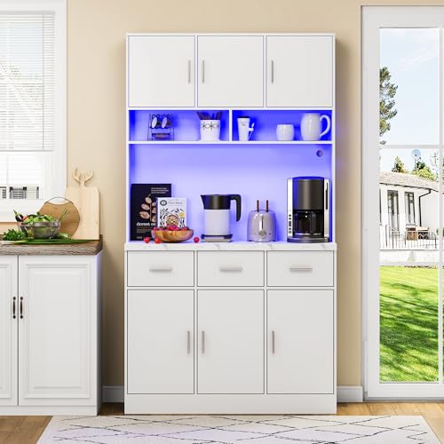 Ligterra Buffetschrank, 100x40x180cm, Buffet mit LED-Beleuchtung mit Fernbedienung, Schubladen, verstellbaren Einlegeböden, Kabelführungslöchern und Steckdosen, für Küchen und Esszimmer (Weiß) von Ligterra