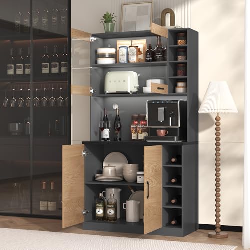 Ligterra Buffetschrank, 100x47x187cm, Buffet mit LED-Ambiente-Beleuchtung und Kabellöchern, Küchen-Highboard aus Holz, freistehend, höhenverstellbare seitliche Ablagefächer (Holzfarbe) von Ligterra