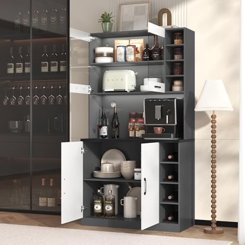 Ligterra Buffetschrank, 100x47x187cm, Buffet mit LED-Ambiente-Beleuchtung und Kabellöchern, Küchen-Highboard aus Holz, freistehend, höhenverstellbare seitliche Ablagefächer (Weiß) von Ligterra