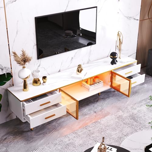 Ligterra Couchtisch Modulare Wohnzimmermöbelmit Tür aus gehärtetem Glas, Aluminiumrahmen, Wellenschubladen, Goldakzenten & Marmoroptik Tischplatte von Ligterra