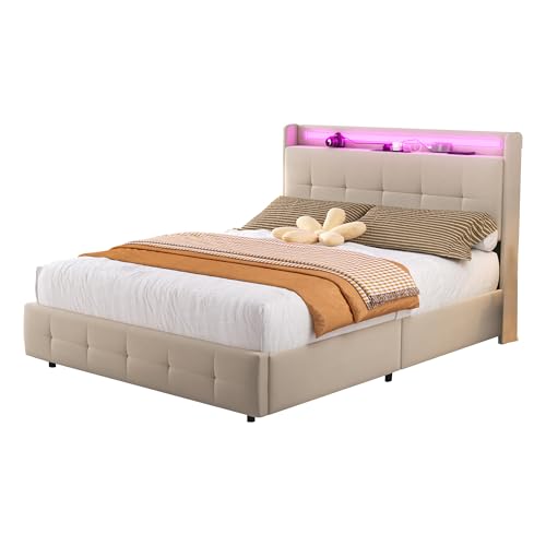 Ligterra Doppelbett 140x200 cm，Polsterbett, Ausziehbett， mit USB-Kopfteil & Ausziehbett - Polsterbett mit LED-Beleuchtung, 2 Schubladen & Stauraumgestell inkl. Holzlattenrost von Ligterra