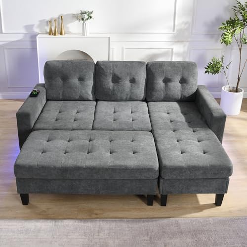 Ligterra Ecksofa Sofa L-Form mit Schlaffunktion, Schlafsofa, Cloud Sofa, Modulares Sofabett, Wohnzimmer-Sofagruppe: Mit Extra Großer Beweglicher Fußbank + LED-Ambiente-Beleuchtung (Antikgrau) von Ligterra