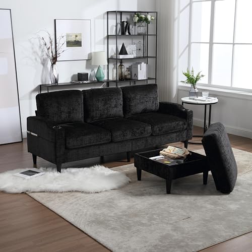 Ligterra Sofa 4 Sitzer, Ecksofa mit Schlaffunktion mit bequemen Armlehnen, Getränkehalter, Seitentaschen & robusten Kunststofffüßen Samtbezug Boneless Couch für Wohnzimmer Dunkelgrün von Ligterra