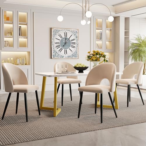 Ligterra Essgruppe,(Set,117×68cm Esstisch mit 4 Stühlen), Rechteckiger Esstisch Moderner Küchentisch Set,Samt Esszimmerstuhl Mit Diamantmuster,Verstellbare, Golden Tischbeine(Beige) von Ligterra