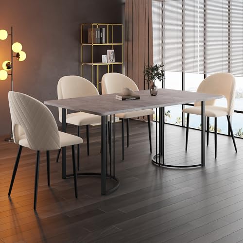 Ligterra Essgruppe,(Set,140×80cm Esstisch mit 4 Stühlen), Moderner Küchentisch Set, Samt Esszimmerstuhl Mit Diamantmuster, Verstellbare,MDF Tischplatte in Grau,Schwarz Tischbeine(Beige) von Ligterra