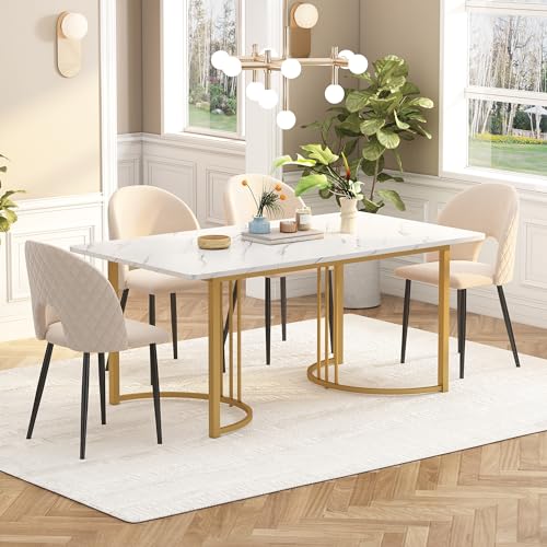 Ligterra Essgruppe,(Set,140×80cm Esstisch mit 4 Stühlen), Moderner Küchentisch Set, Samt Esszimmerstuhl Mit Diamantmuster,Verstellbare Stuhlbeine,Beige Samt,Golden Tischbeine(Beige) von Ligterra
