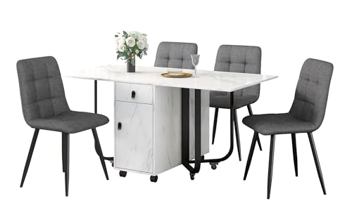 Ligterra Essgruppe,(Set,150×80×76cm Esstisch mit 4 Stühlen), Klappbarer Küchentisch Set MDF Tischplatte & Schwarze Beine - Samtpolsterstühle mit Rückenlehne von Ligterra