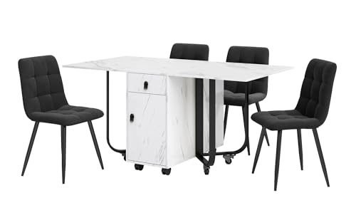 Ligterra Essgruppe,(Set,150×80×76cm Esstisch mit 4 Stühlen), Klappbarer Küchentisch Set MDF Tischplatte & Schwarze Beine - Samtpolsterstühle mit Rückenlehne von Ligterra