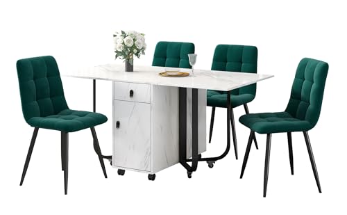 Ligterra Essgruppe,(Set,150×80×76cm Esstisch mit 4 Stühlen), Klappbarer Küchentisch Set MDF Tischplatte & Schwarze Beine - Samtpolsterstühle mit Rückenlehne von Ligterra