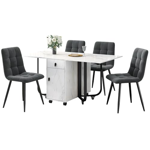 Ligterra Essgruppe,(Set,150×80×76cm Esstisch mit 4 Stühlen), Klappbarer Küchentisch Set MDF Tischplatte & Schwarze Beine - Samtpolsterstühle mit Rückenlehne von Ligterra