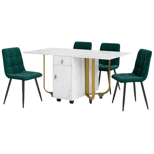 Ligterra Essgruppe,（Set,150×80×76cm Esstisch mit 4 Stühlen）, Weiße MDF Tischplatte & Goldene Tischbeine - Essgruppe für Küche Wohnzimmer von Ligterra