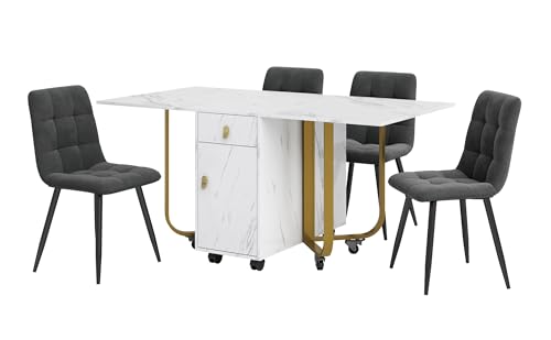 Ligterra Essgruppe,（Set,150×80×76cm Esstisch mit 4 Stühlen）, Weiße MDF Tischplatte & Goldene Tischbeine - Essgruppe für Küche Wohnzimmer von Ligterra