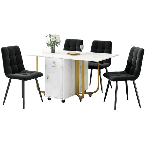 Ligterra Essgruppe,（Set,150×80×76cm Esstisch mit 4 Stühlen）, Weiße MDF Tischplatte & Goldene Tischbeine - Essgruppe für Küche Wohnzimmer von Ligterra