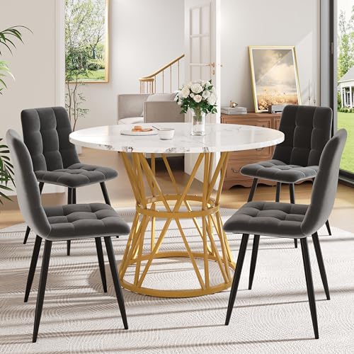 Ligterra Esstisch-Set (5-teilig), Esstisch-Set mit 4 Stühlen, Küchen-Esstisch-Set, Runder Küchentisch mit 100cm Durchmesser und Metallbeinen, Esszimmerstühle aus Samt (Grau) von Ligterra