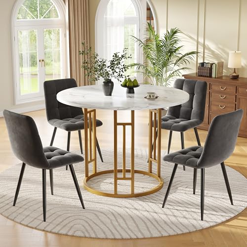 Ligterra Esstisch-Set (5-teilig), Esstisch-Set mit 4 Stühlen, Küchen-Esstisch-Set, Runder Küchentisch mit 80cm Durchmesser und Goldenen Metallbeinen, Esszimmerstühle aus (Grau) von Ligterra