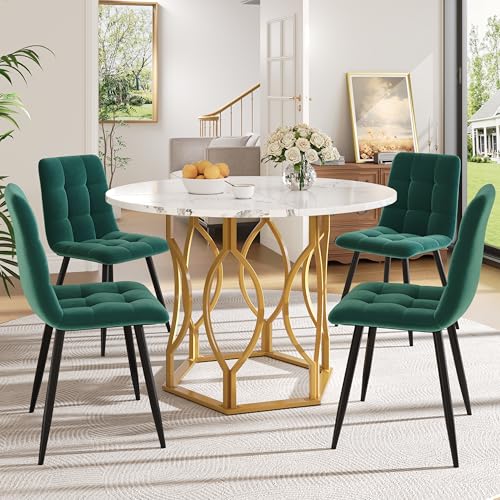 Ligterra Esstisch-Set (5-teilig), Esstisch-Set mit 4 Stühlen, Küchentisch-Set, Runder Esstisch mit 100cm Durchmesser und Goldenen Metallbeinen, Esszimmerstühle aus Samt (Dunkelgrün) von Ligterra