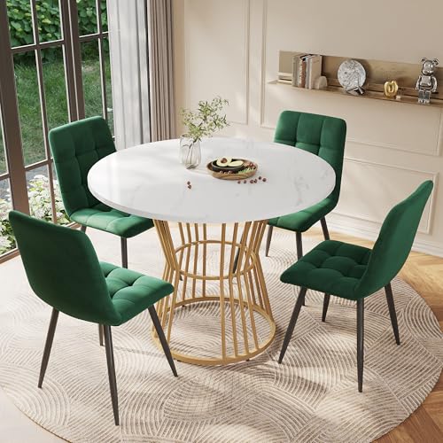 Ligterra Esstisch-Set (5-teilig), Esstisch-Set mit 4 Stühlen, Küchentisch-Set, runder Esstisch mit 100 cm Durchmesser, weiße MDF-Tischplatte, Esszimmerstühle aus grüne Samt von Ligterra