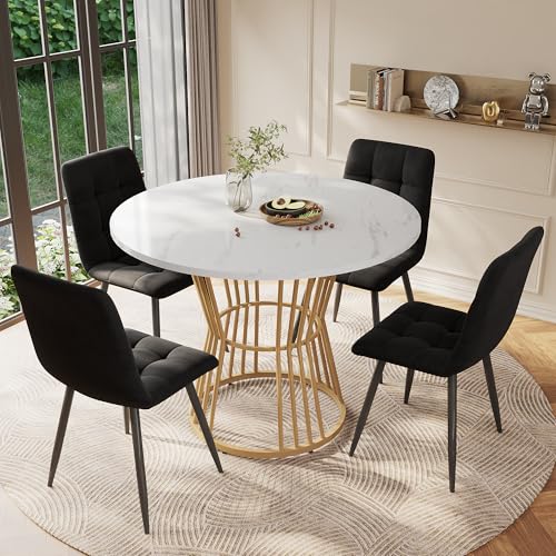 Ligterra Esstisch-Set (5-teilig), Esstisch-Set mit 4 Stühlen, Küchentisch-Set, runder Esstisch mit 100 cm Durchmesser, weiße MDF-Tischplatte, Esszimmerstühle aus schwarzem Samt von Ligterra