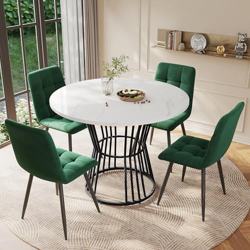 Ligterra Esstisch-Set (5-teilig), mit 4 Stühlen, Küchentisch-Set, Runder Esstisch mit 100 cm Durchmesser und Schwarzen Metallbeinen, Weiße MDF-Tischplatte, Samt-Esszimmerstühle (Grün) von Ligterra