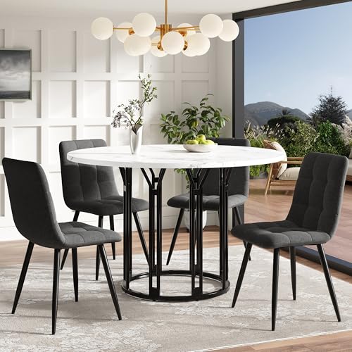 Ligterra Esstisch mit 4 Stühlen, Runder Weißer Esstisch, Esstisch-Set (5-teilig), Sitzbank mit Leinenbezug, Marmorplatte, für Küche Esszimmer und Wohnzimmer, 100x100x76cm (Schwarz) von Ligterra