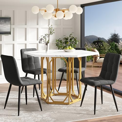 Ligterra Esstisch mit 4 Stühlen, Sechseckiger Weißer Esstisch, Esstisch-Set (5-teilig), Sitzbank mit Leinenbezug, Marmorplatte, für Küche Esszimmer und Wohnzimmer, 110x95x76cm (Gelb+Grau) von Ligterra